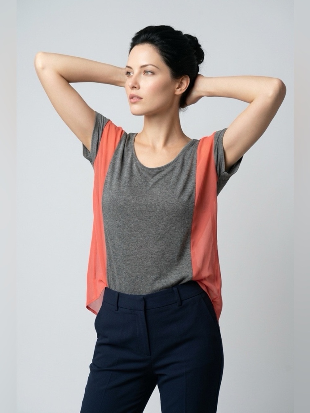 Aqua Color Block Scoop Neck Chiffon Top Size S